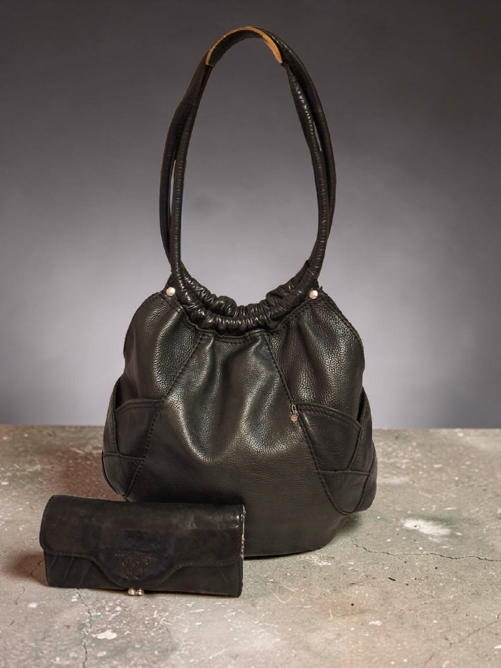 Lucky Brand Vintage Black Leather Hobo Shoulder Bag with Matching Wallet